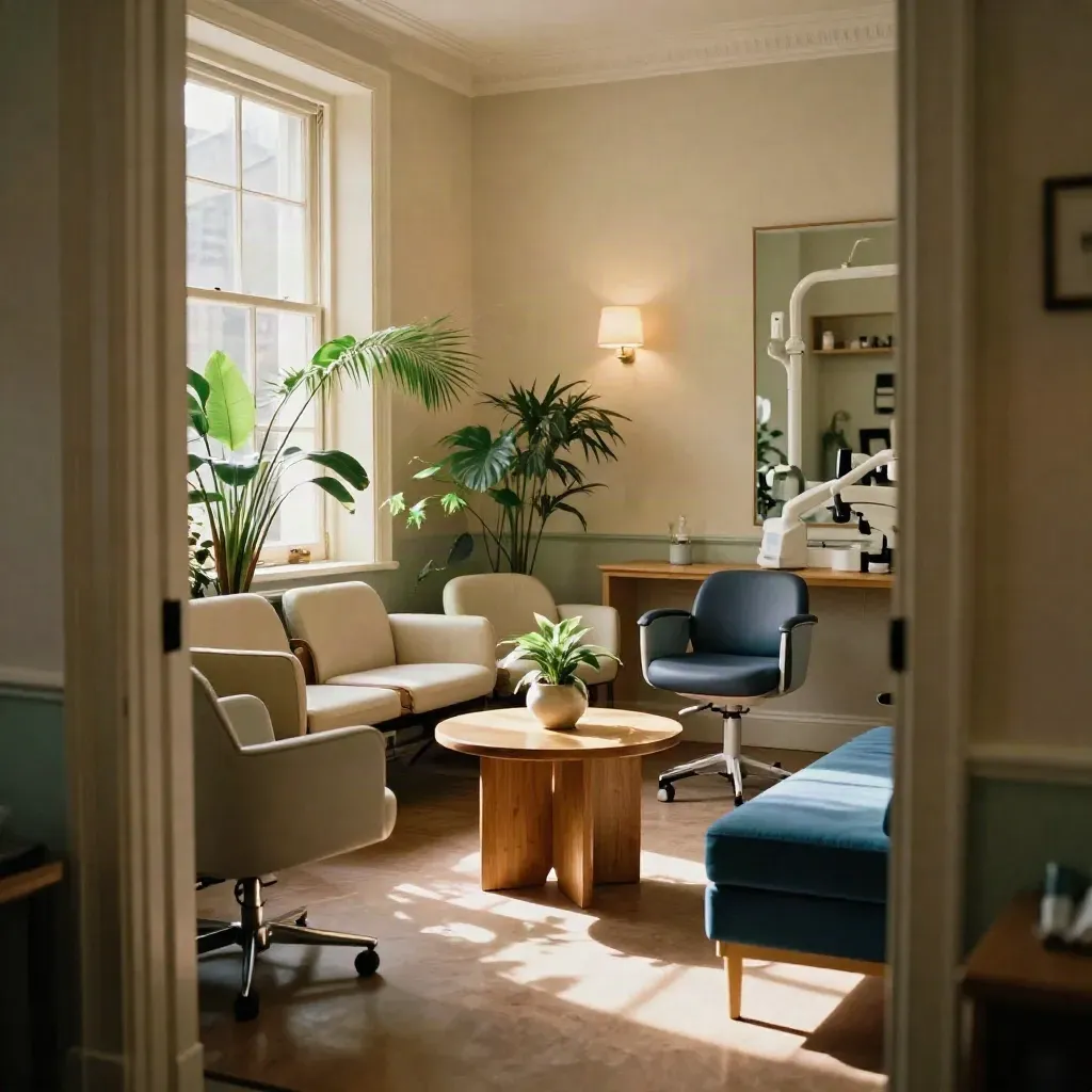 Rustige tandartspraktijklounge met planten, stoelen en warm licht bij de entree.
