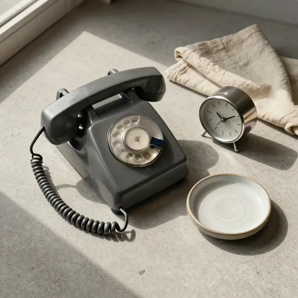 Bovenaanzicht van een vaste telefoon, klokje, linnen en schaaltje op lichte beton.